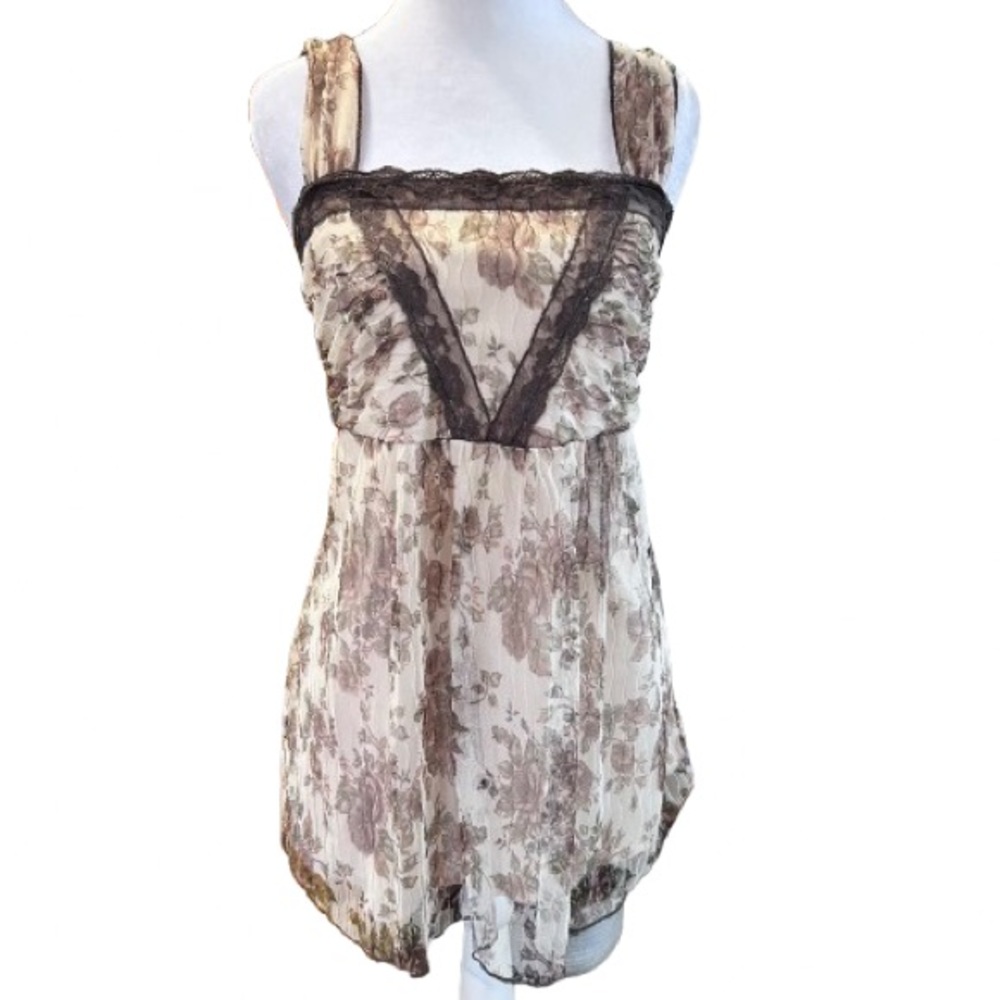 VTG Y2K Floral Mesh Babydoll Top Brown Lace Chiffon Cami Whimsigoth Coquette XL